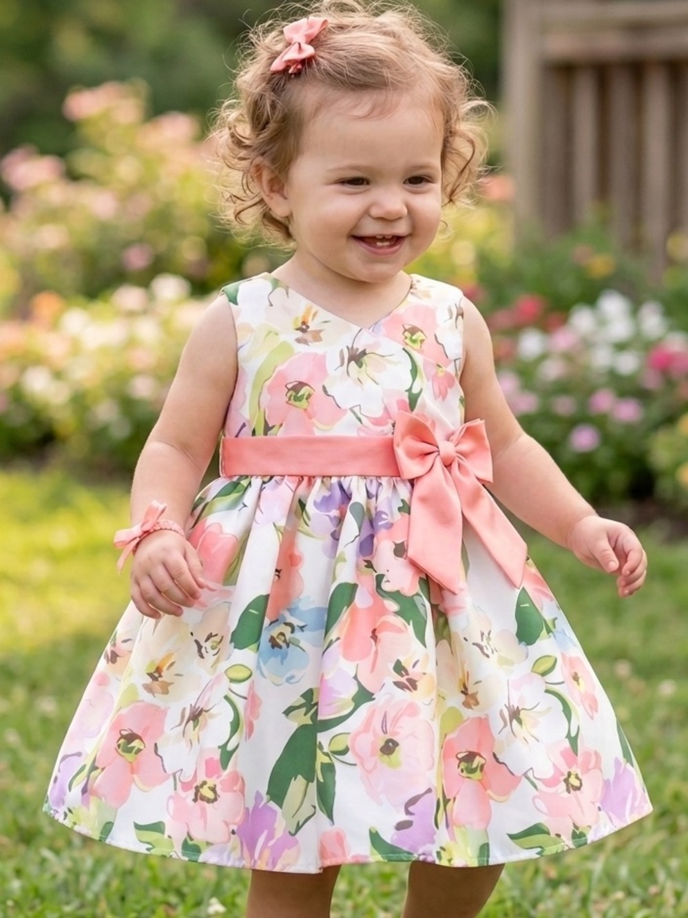 Floral Bow Tie Sundress for Girls - Pink & Green